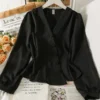 Autumnwinter French bubble sleeve blouse long sleeve western style waist
