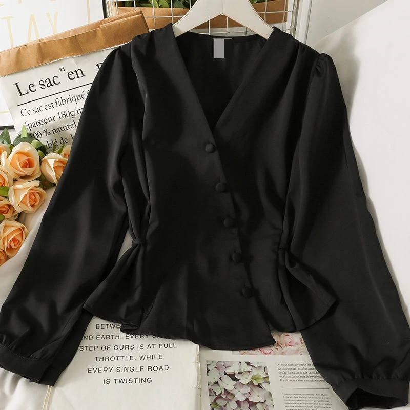 Autumnwinter French bubble sleeve blouse long sleeve western style waist