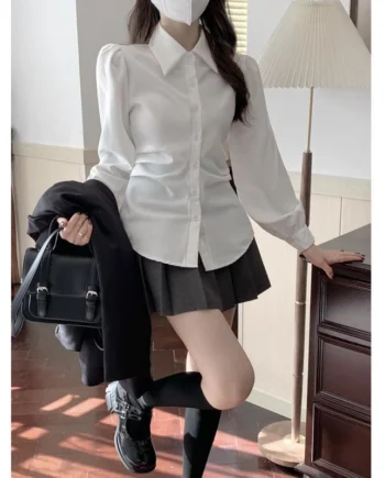 5c50e6082e077de0a83b0fc61f07931d.webp Korean women waist white shirt bubble long sleeves