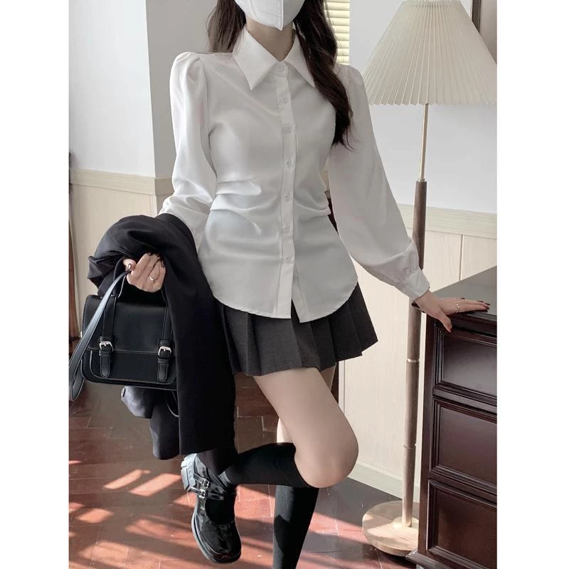 Korean women waist white shirt bubble long sleeves