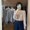 Korean version of womens floral chiffon blouse with round collar lace stitching