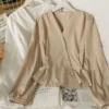 Autumnwinter French bubble sleeve blouse long sleeve western style waist