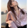 Temperament Womens acetate satin blouse long sleeve polo neck loose style