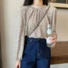 Korean version of womens floral chiffon blouse with round collar lace stitching