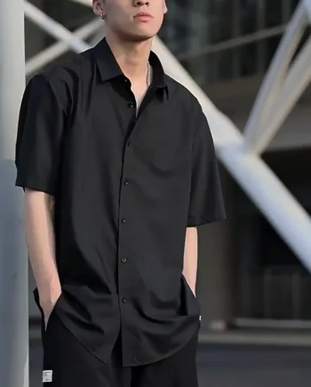 Multiple Colors Available Korean Style Solid Color Loose Fit Mens Shirt Stylish and Versatile Polo Shirt Casual Top