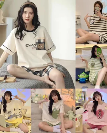 New style shortsleeved thin style loose pajamas for women twopiece set