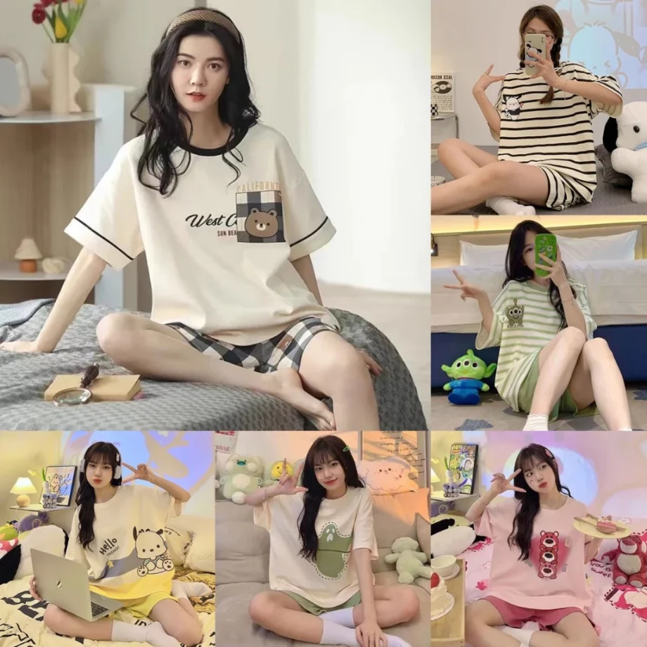New style shortsleeved thin style loose pajamas for women twopiece set