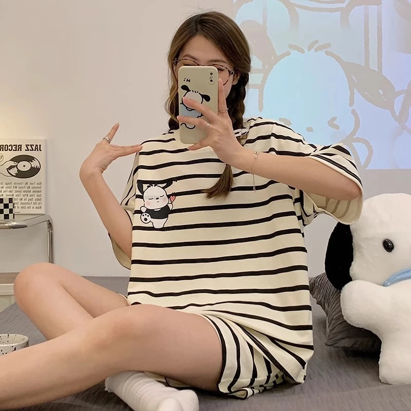 New style shortsleeved thin style loose pajamas for women twopiece set
