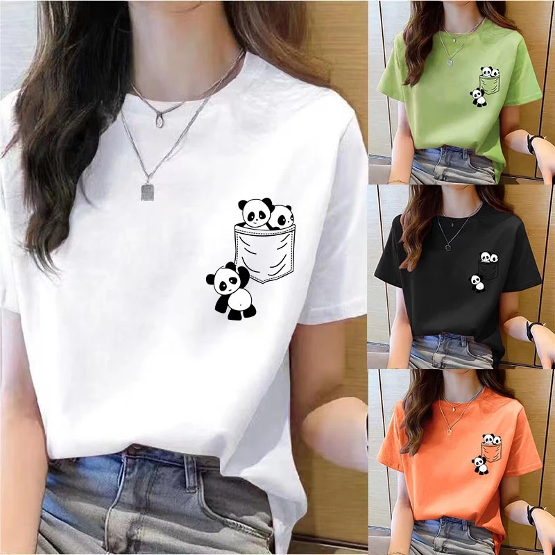 TWomen Short Sleeve Top Summer New pocket panda Cartoon Printed Tshirt korean fashion women tops Loose round neck t shirt women
