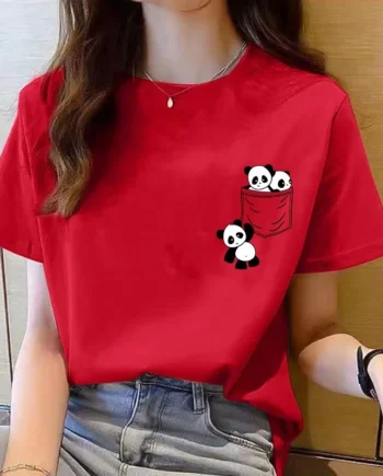 TWomen Short Sleeve Top Summer New pocket panda Cartoon Printed Tshirt korean fashion women tops Loose round neck t shirt women