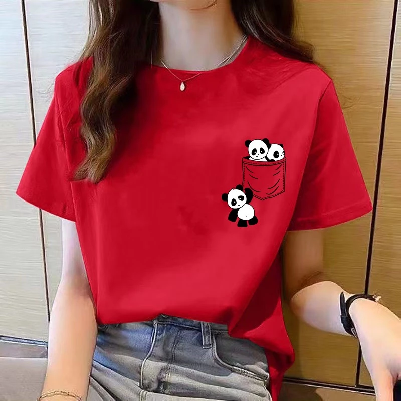 TWomen Short Sleeve Top Summer New pocket panda Cartoon Printed Tshirt korean fashion women tops Loose round neck t shirt women
