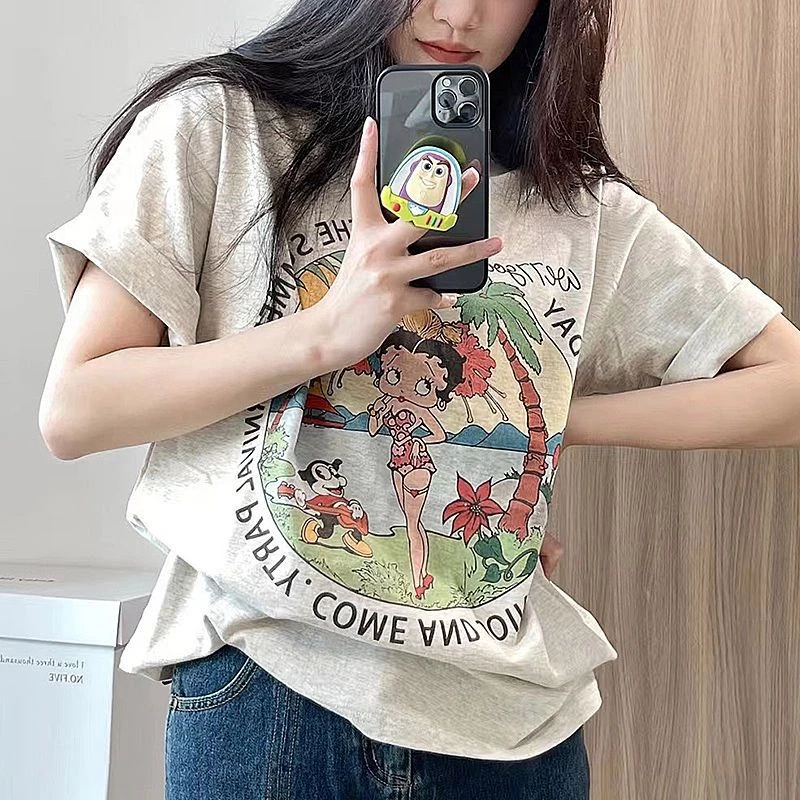 Summer womens plussize printed Tshirt cotton short sleeve loose