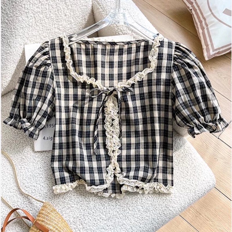 French women bubble sleeve top lace edge color contrast short short sleeve