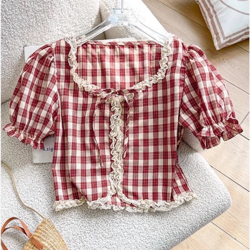 French women bubble sleeve top lace edge color contrast short short sleeve