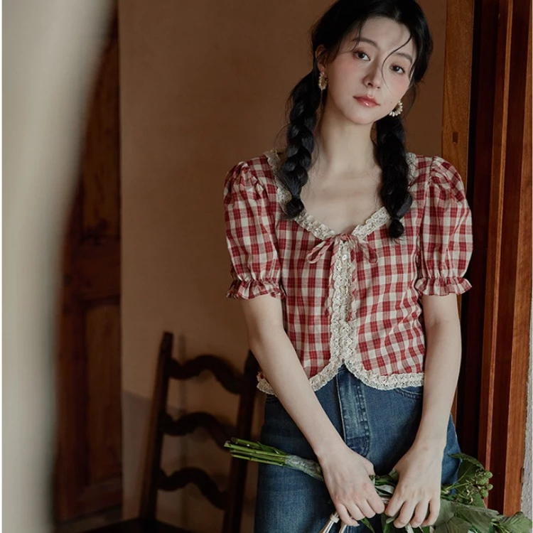 French women bubble sleeve top lace edge color contrast short short sleeve