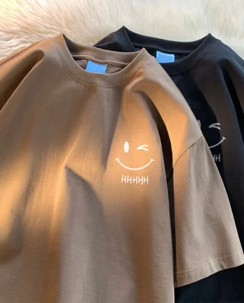 Mens Smiling Face Funny Fashion Couple Short Sleeved Tshirt American Heavyweight Basic Simple Oversized Loose Boys Pullover Top