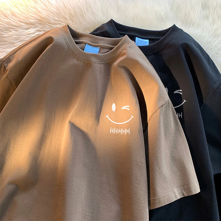 Mens Smiling Face Funny Fashion Couple Short Sleeved Tshirt American Heavyweight Basic Simple Oversized Loose Boys Pullover Top