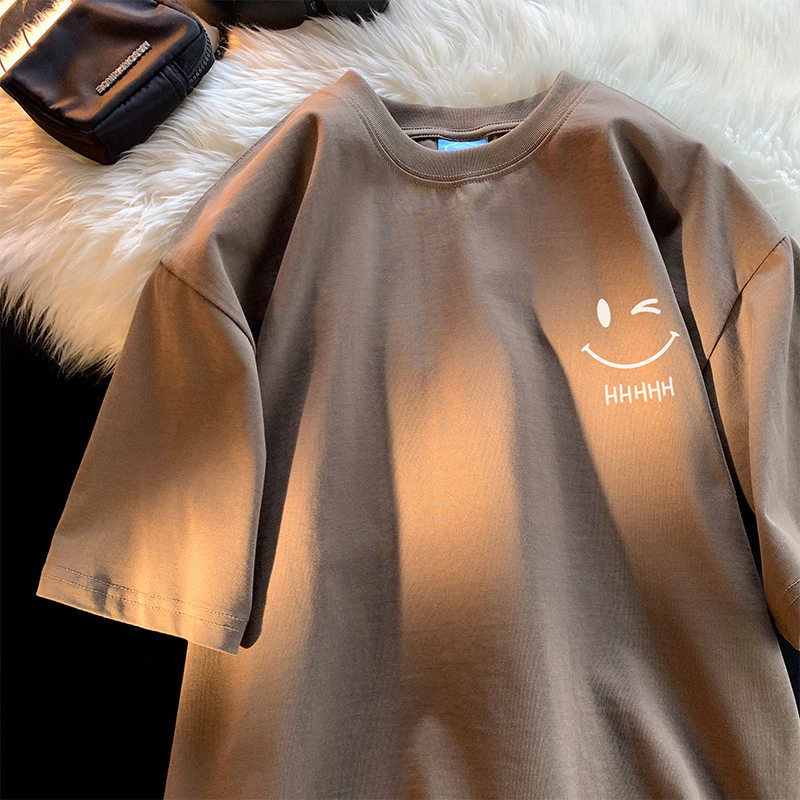 Mens Smiling Face Funny Fashion Couple Short Sleeved Tshirt American Heavyweight Basic Simple Oversized Loose Boys Pullover Top