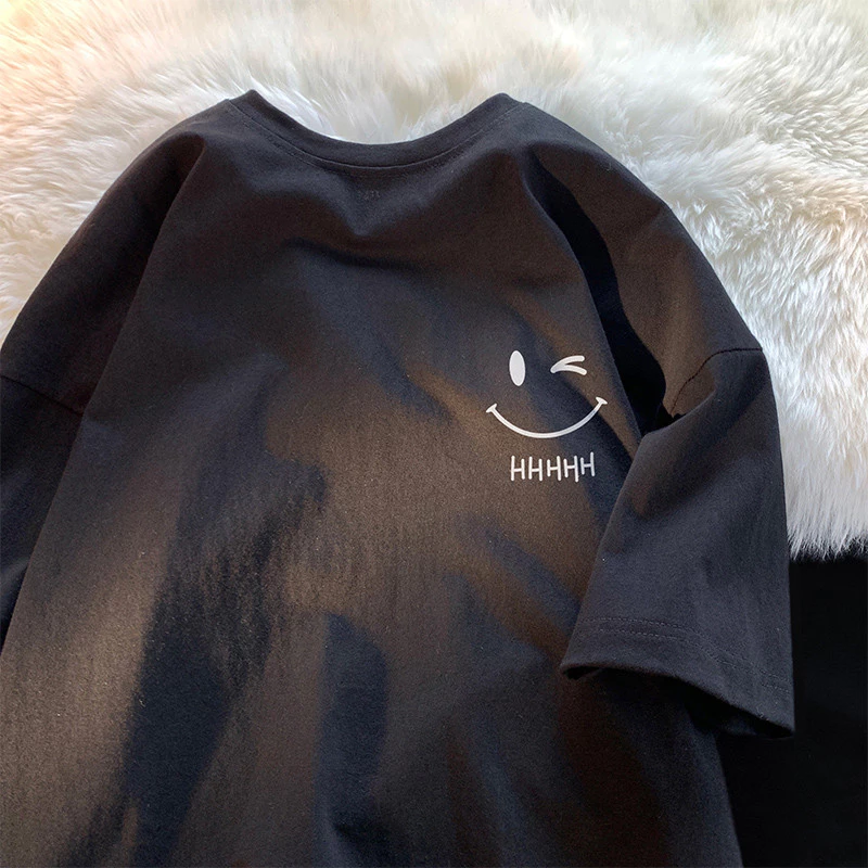 Mens Smiling Face Funny Fashion Couple Short Sleeved Tshirt American Heavyweight Basic Simple Oversized Loose Boys Pullover Top