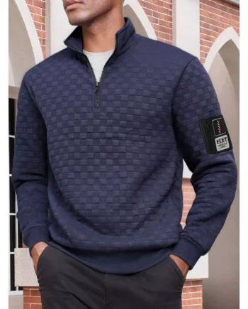 Tactical Fleece Jacket Men Warm Stand Up Collar Pullover Checkered Zipper Sweatshirt Jacket
