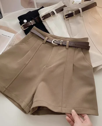 High Waist Shorts No Belt Casual Pants Korean Style Short Pants Comfy Loose Cream