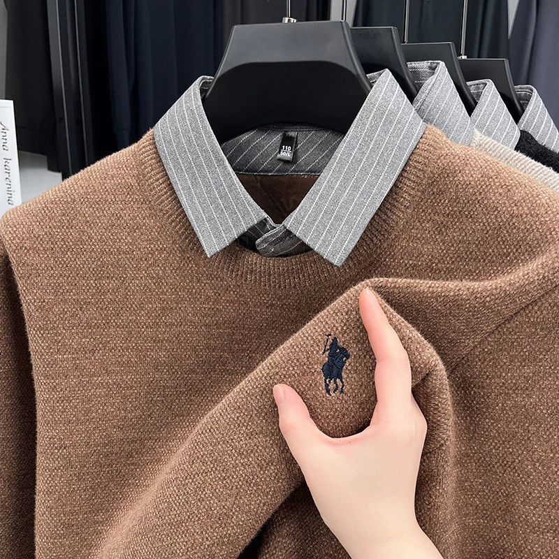 Knitted Bottoming Shirt Autumn Winter Mens Sweater Shirt Collar Fake Two Tops Men Winter Fashion Warm Long Sleeve