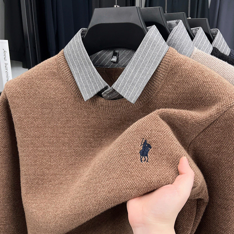 Knitted Bottoming Shirt Autumn Winter Mens Sweater Shirt Collar Fake Two Tops Men Winter Fashion Warm Long Sleeve