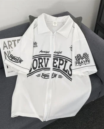 sg-11134201-8260f-mjh8qvrigtmo57.webp American Retro Short Sleeved Racing Suit Men Women Summer Street Wear Loose Casual Printed Zipper Cardigan Top Clothes