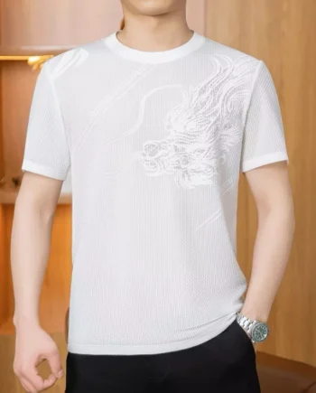 Summer Ice Silk Round Neck Short Sleeved Shirt Mens Bamboo Mesh Breathable Thin Half Sleeve Slim Fit Printed Quick Drying Top