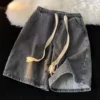 Drawstring Denim Shorts Men Summer Thin Style Street Wear Casual Middle Pants American Style Gray Straight Loose Large Size Fivepoint Pants