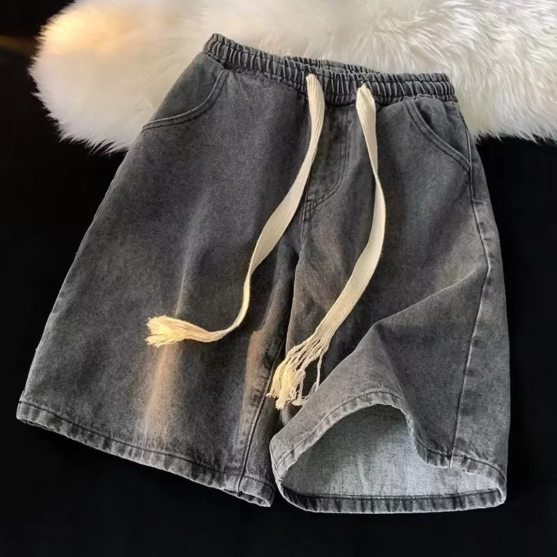 Drawstring Denim Shorts Men Summer Thin Style Street Wear Casual Middle Pants American Style Gray Straight Loose Large Size Fivepoint Pants