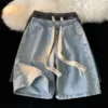 Drawstring Denim Shorts Men Summer Thin Style Street Wear Casual Middle Pants American Style Gray Straight Loose Large Size Fivepoint Pants