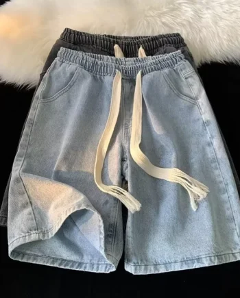 sg-11134201-82625-mjwumb7mlrer86.webp Drawstring Denim Shorts Men Summer Thin Style Street Wear Casual Middle Pants American Style Gray Straight Loose Large Size Fivepoint Pants